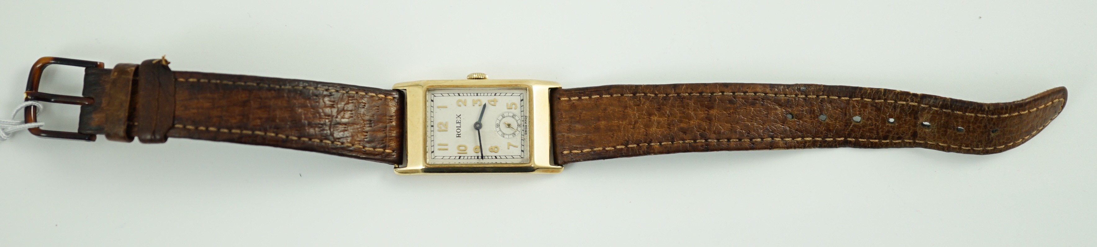 A gentleman's 1930's 9ct gold Rolex manual wind rectangular dial wrist watch, on later leather strap